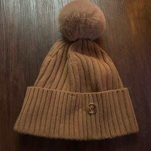 Michael Kors Tan Knit Beanie with Pom-Pom